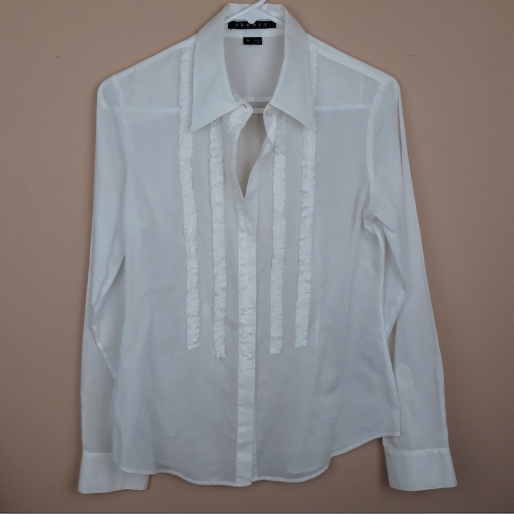 Theory Ribbed Ruffled Button Down Top - image 1